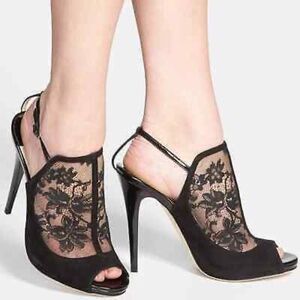 JIMMY CHOO Maylen Lace & Suede Stiletto Open Toe Booties
